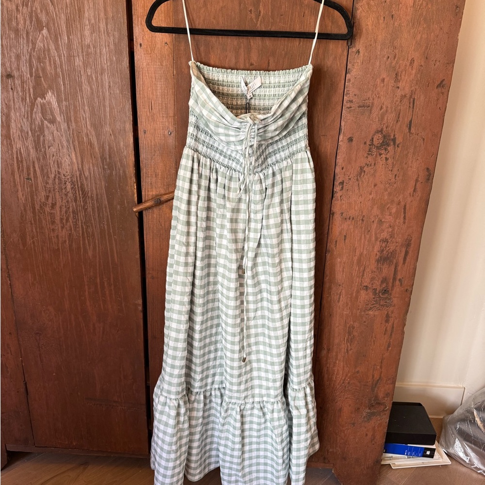 HUNTER BELL Green and White Gingham Midi Dress